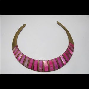 Vintage Brass Inlay Pink Mother of Pearl Collar